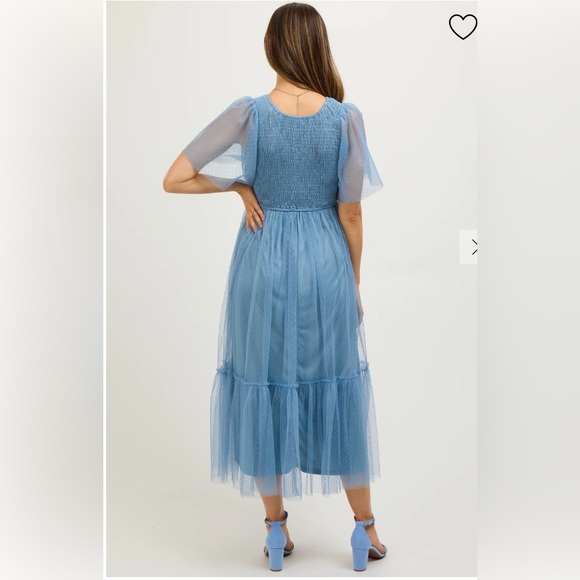 🔴BLUE DOTTED TULLE SMOCKED MATERNITY🔴 - Picture 2 of 12